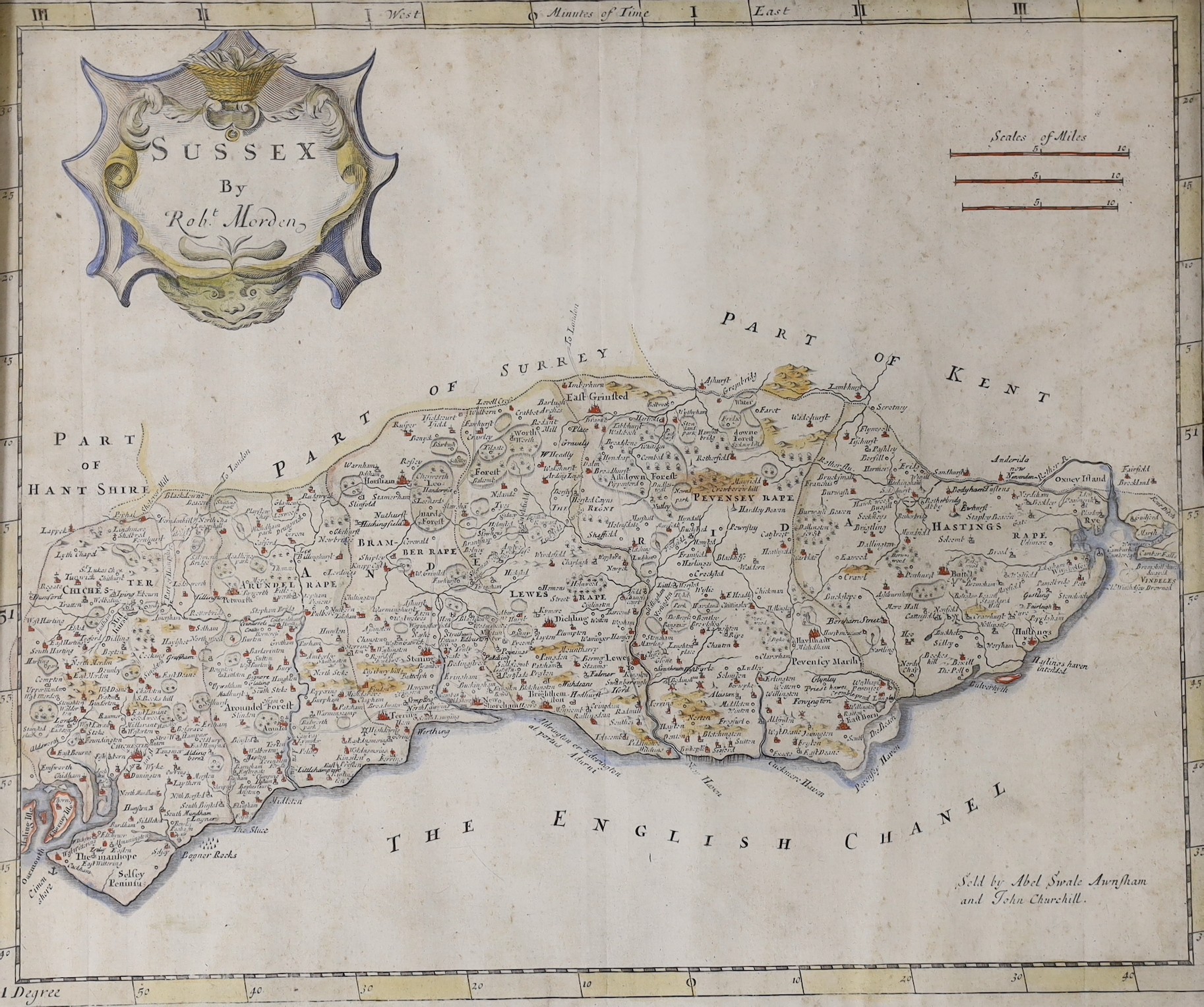 Robert Morden, coloured engraving, Map of Sussex, 36 x 41cm